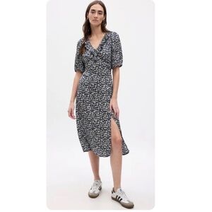 GAP Navy Floral Puff Short Sleeve Ruffle Collar Midi Dress - Size L Tall